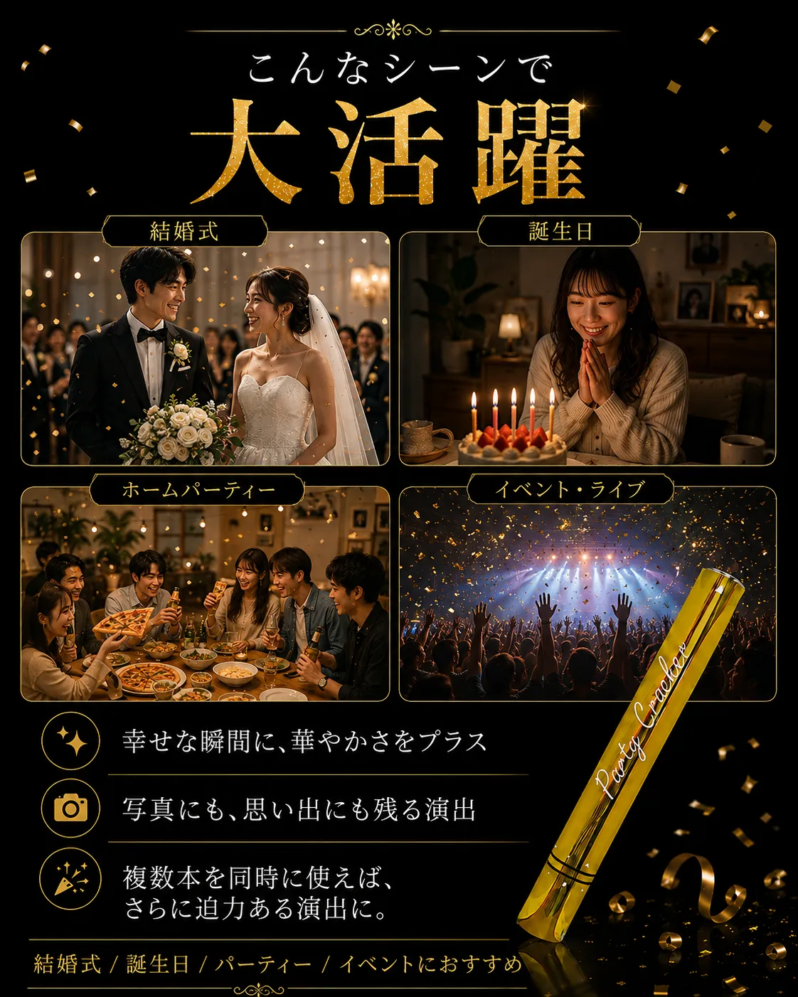 結婚式 誕生日 ホームパーティー イベント・ライブで使える金色パーティークラッカー